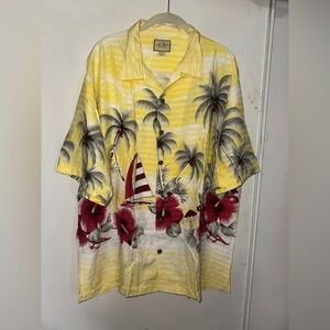 Yellow Hawaiian Shirt with Palm and Sailboat Design